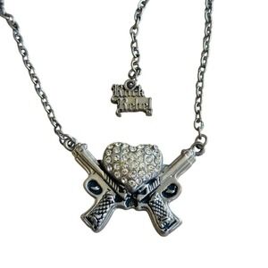 Rock Rebel Punk Goth Y2K Necklace Heart Double Pistol Silver Tone Rhinestone 21"